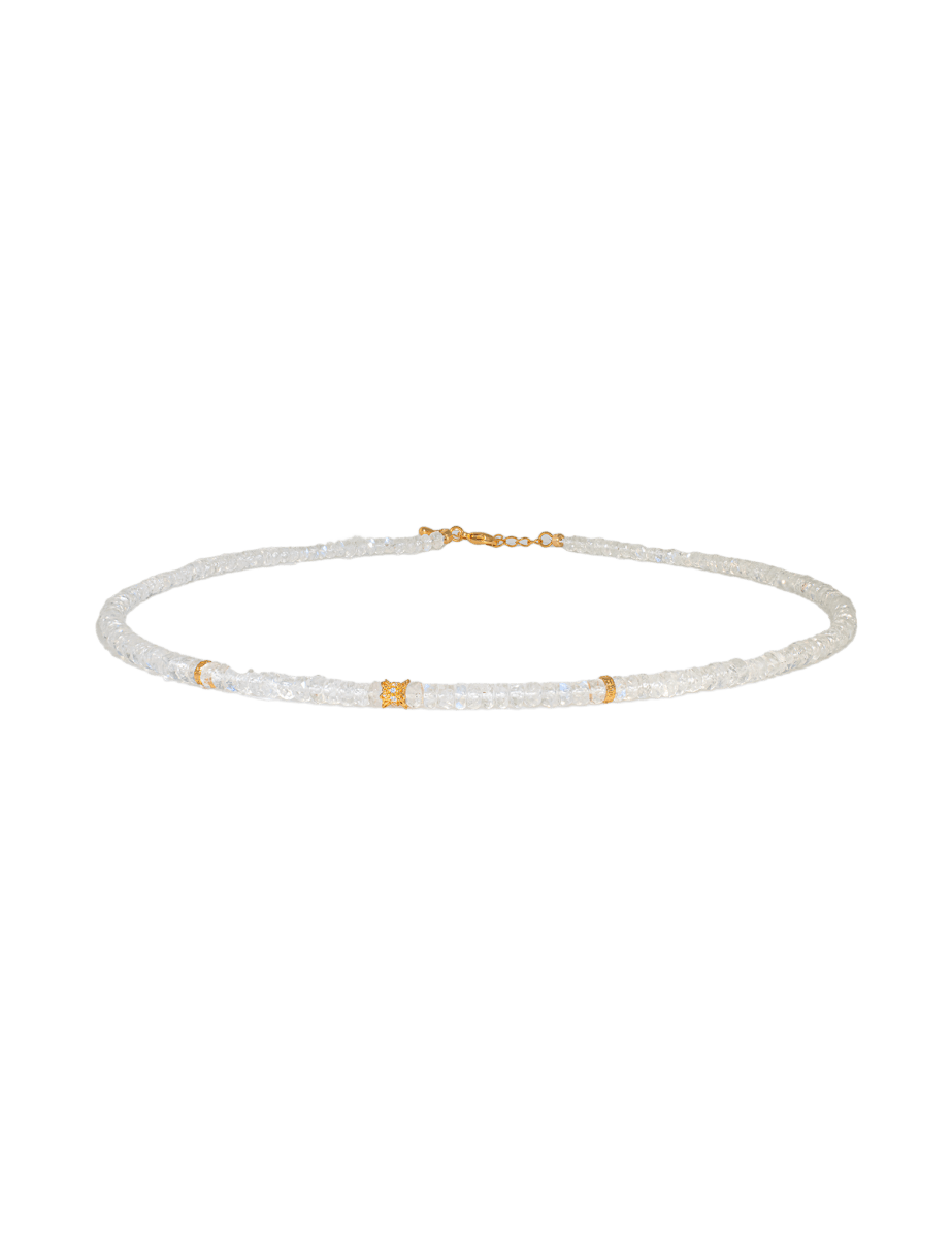 Healing White Moonstone faceted necklace with silver spacer beads, promoting balance and inner clarity.