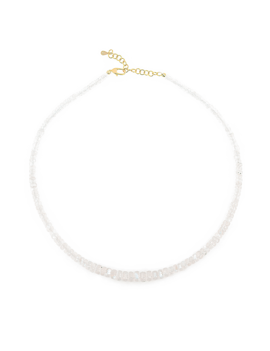 Elegant White Moonstone Faceted Necklace showcasing serene gradient beads and gold clasp for emotional balance and renewal.