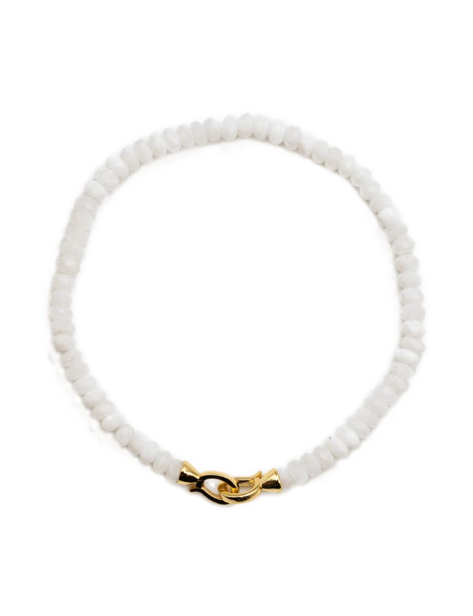 Moonstone June birthstone bracelet featuring faceted beads and a gold clasp for emotional balance and healing.