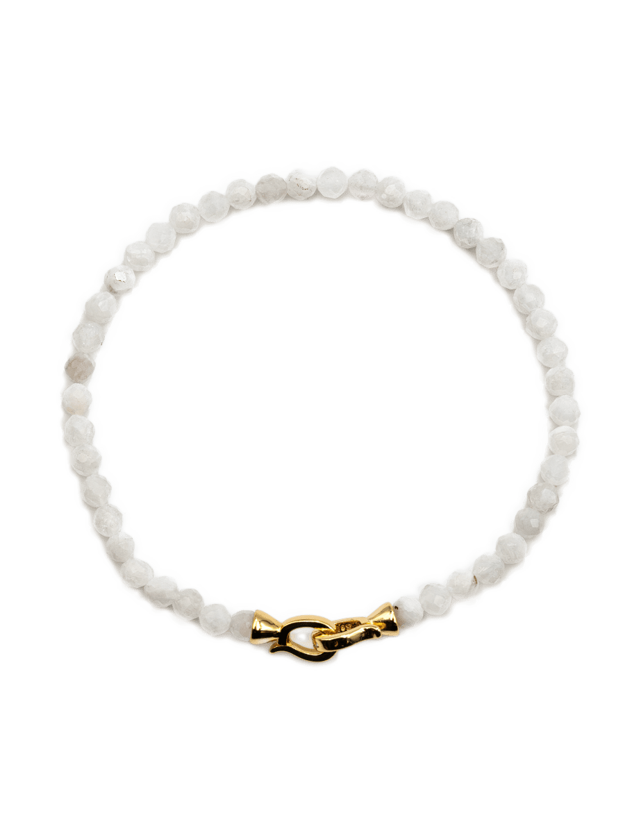 Healing Moonstone faceted bracelet for men with gold clasp, promoting emotional balance and inner growth.