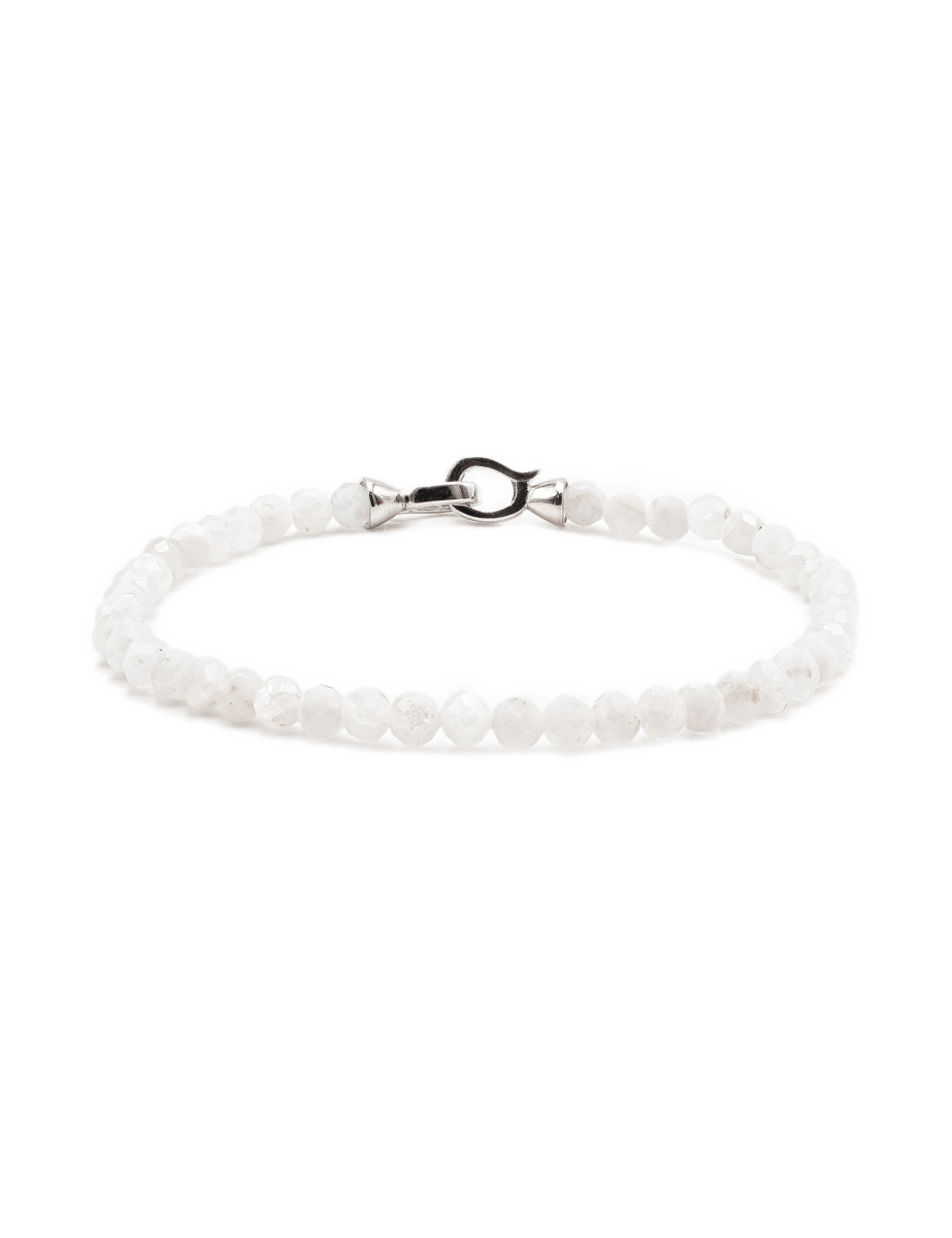 Moonstone June birthstone bracelet with faceted beads and sterling silver clasp, promoting healing and emotional balance.