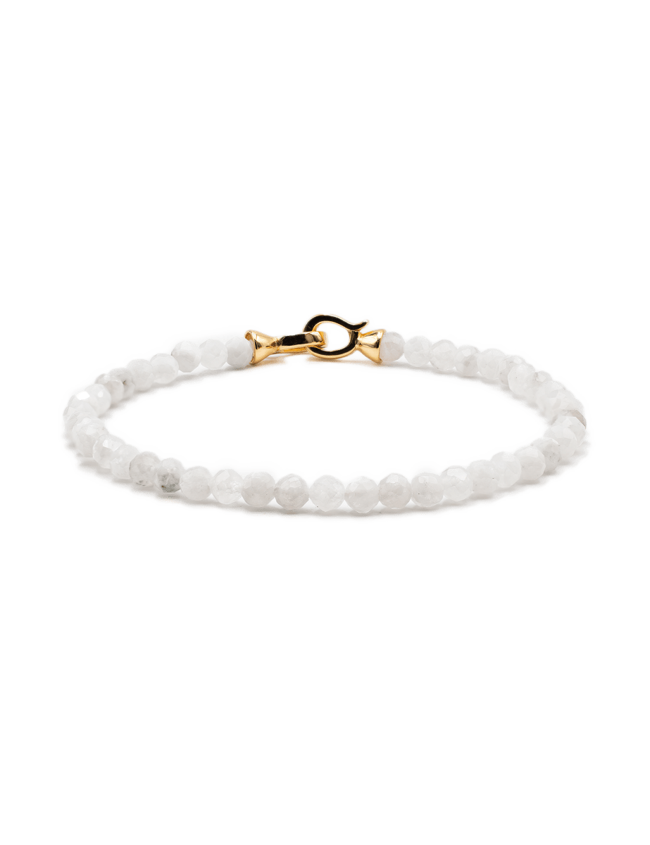 Faceted Moonstone bracelet for men, 4mm beads with a gold clasp, promoting healing and emotional balance.
