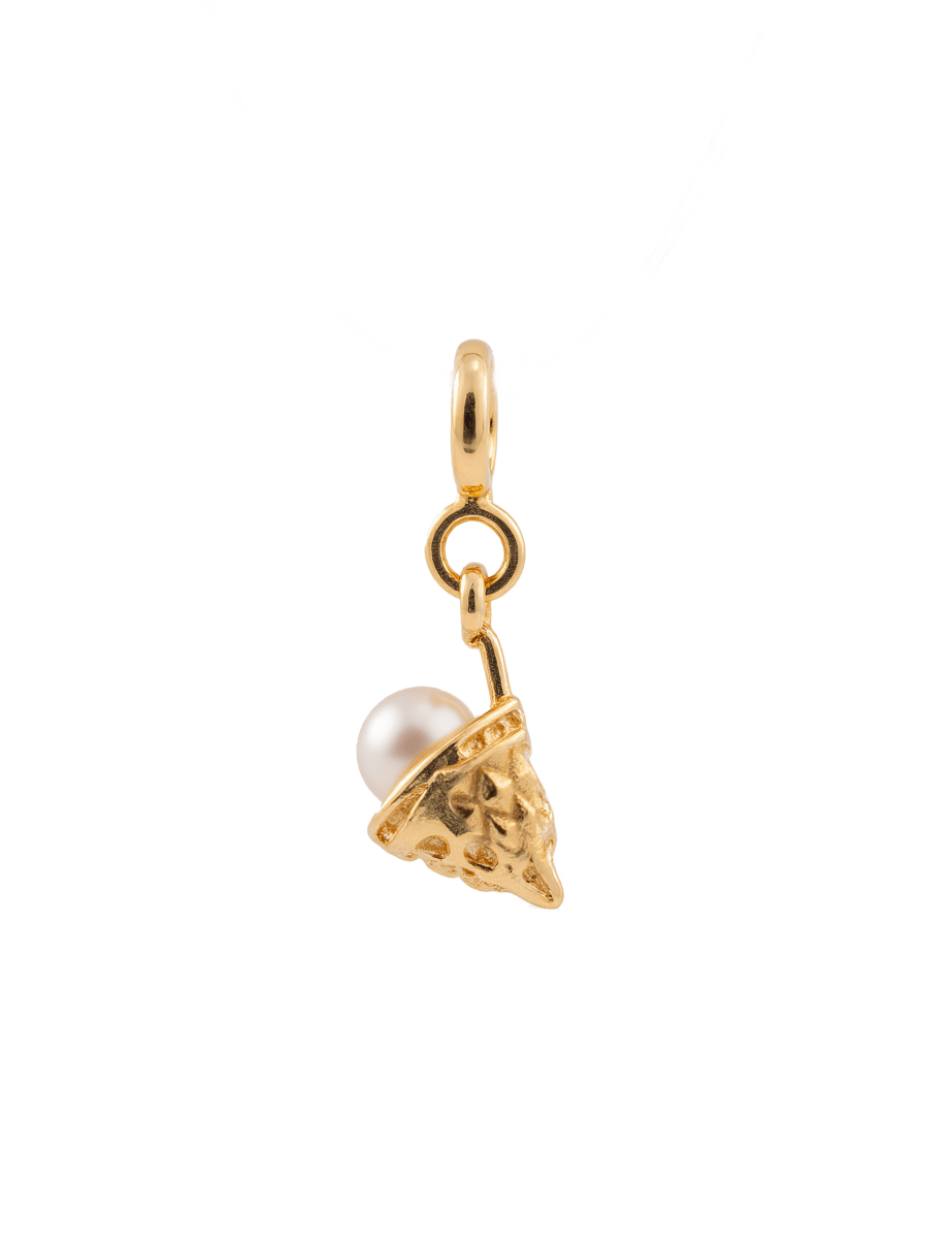 Gold cone-shaped charm with a white bead, symbolizing joy and stylish elegance in jewelry.