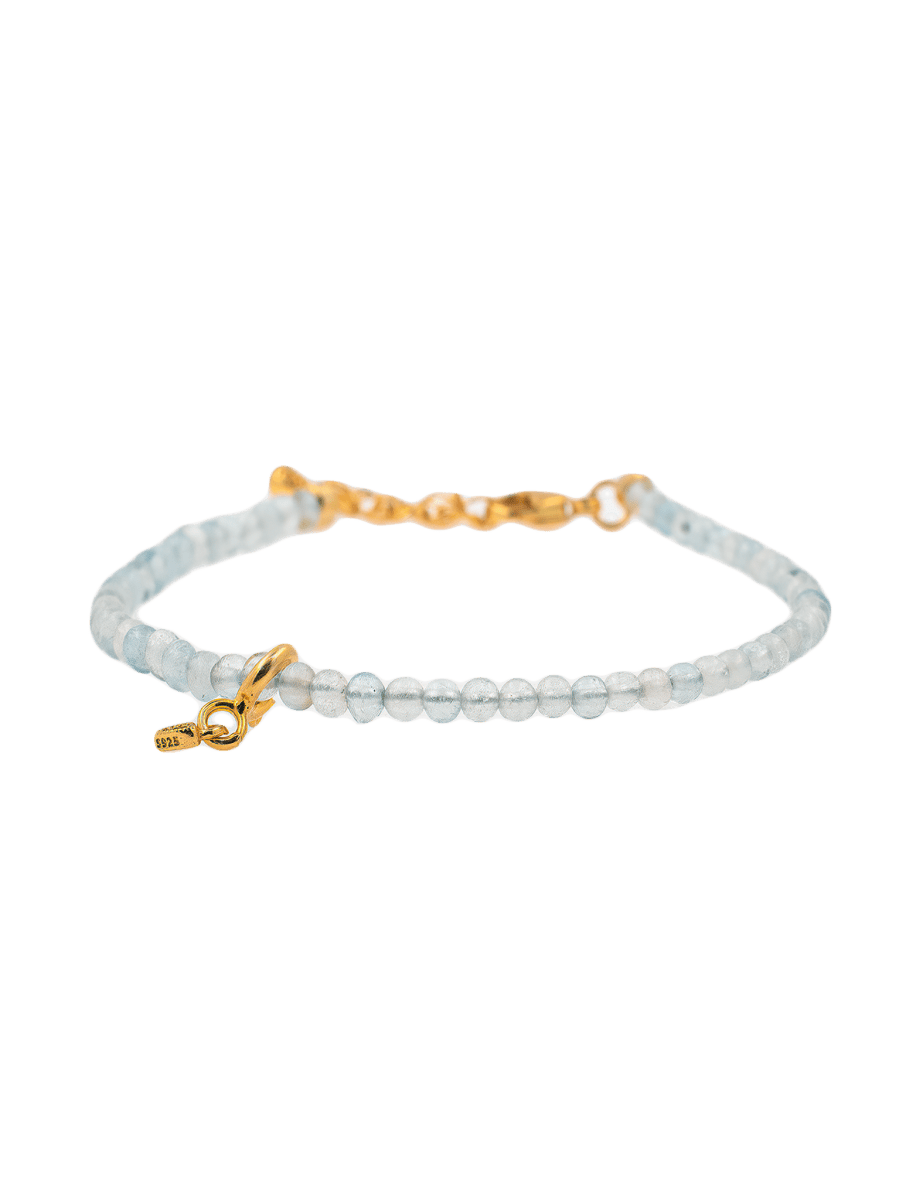 Health aquamarine dainty bracelet featuring a heart charm and 925 sterling silver clasp, symbolizing love and tranquility.