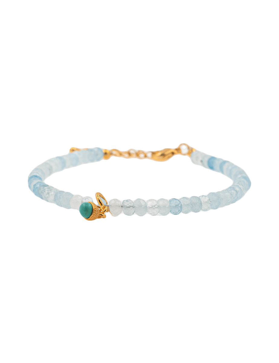 Aquamarine faceted bracelet with turquoise charm, handcrafted with 925 sterling silver clasp, 6-7" length, 3x4mm beads.
