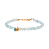 Aquamarine faceted bracelet with turquoise charm, handcrafted with 925 sterling silver clasp, 6-7" length, 3x4mm beads.