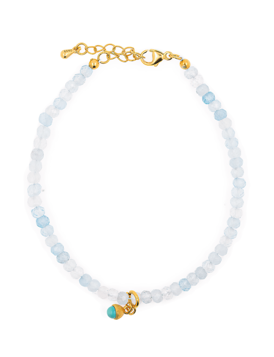 Health Aquamarine faceted bracelet with turquoise charm, handcrafted with 925 sterling silver, 6-7 inch length.