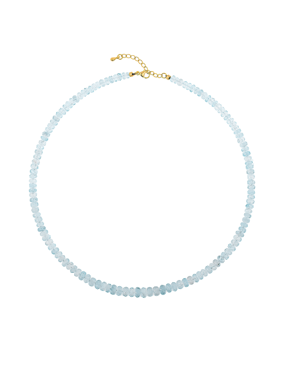 Health Aquamarine Faceted Necklace featuring soothing blue gemstones and a gold clasp for tranquility and renewal.