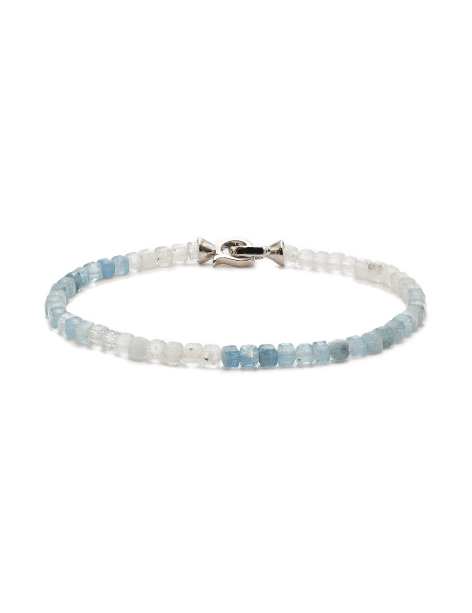 Aquamarine dainty bracelet for men with 925 sterling silver clasp promoting peace and emotional healing.