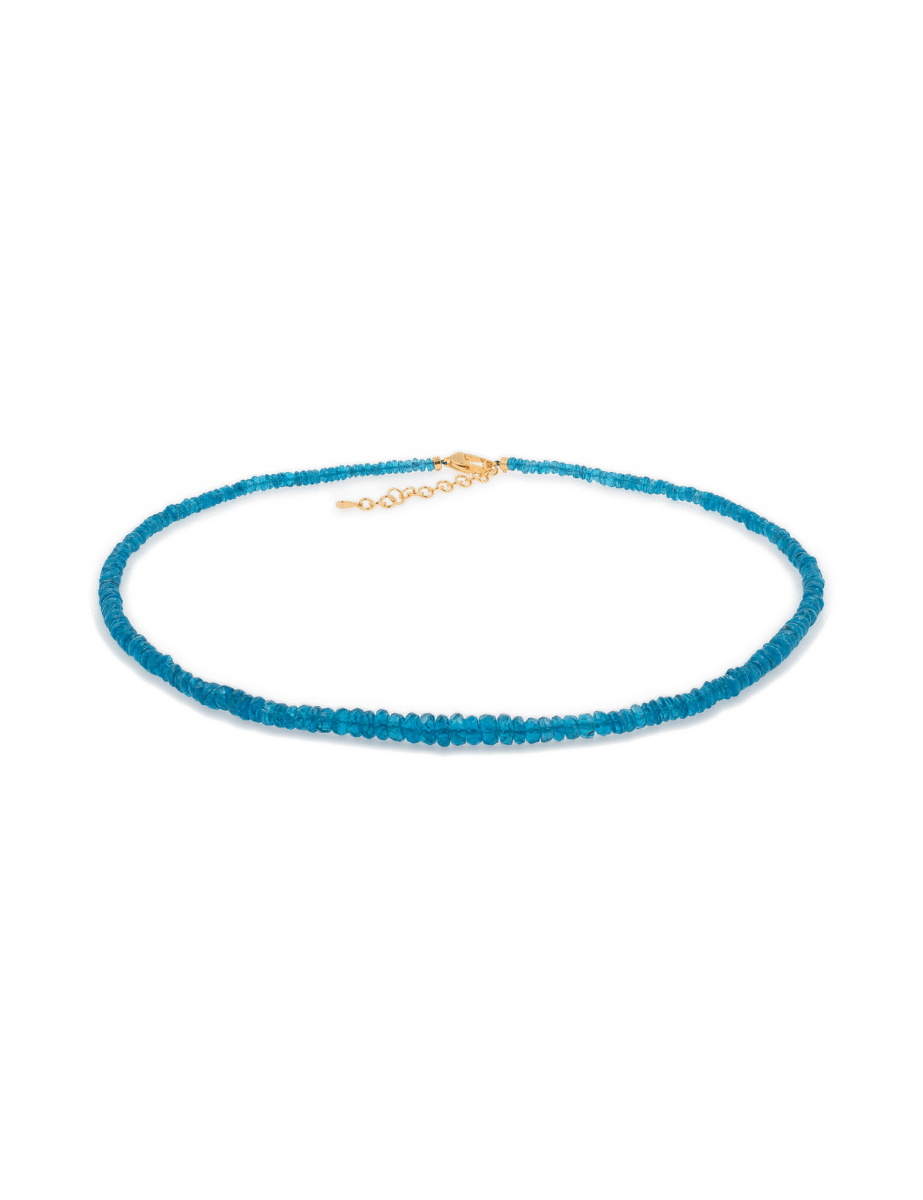 Dainty Blue Apatite necklace with 3mm faceted beads, featuring a 925 sterling silver clasp for strength and protection.
