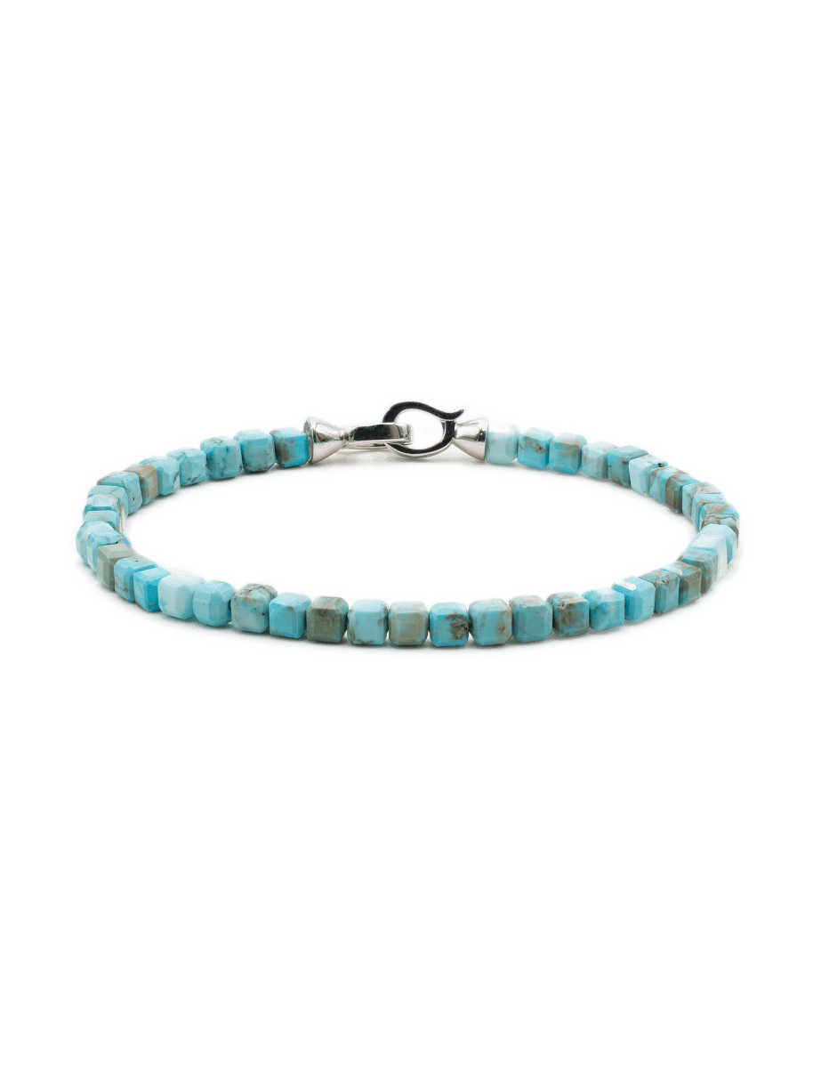 Health blue turquoise bracelet for men with 4x4mm beads and sterling silver clasp, promoting vitality and well-being.