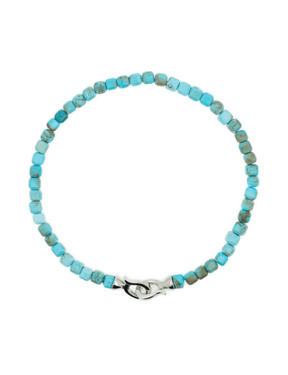 Health Blue Turquoise December birthstone bracelet for men with 4mm beads and sterling silver clasp.