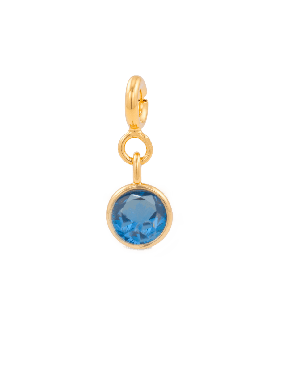 Health Blue Zircon charm in gold setting, showcasing a round 6mm blue zircon for emotional healing and clarity.