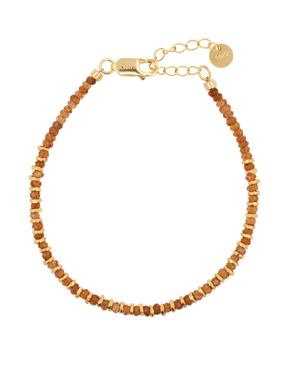 Joyful orange sapphire beaded bracelet with gold-plated sterling silver spacer beads, perfect for stacking or solo wear.