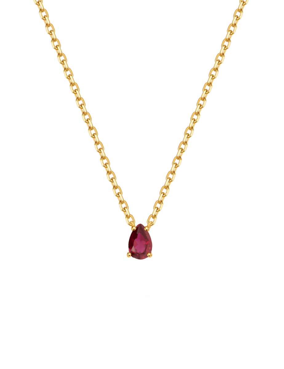 Gold-plated S925 sterling silver necklace featuring a pear-cut lab-grown ruby pendant, symbolizing passion and love.