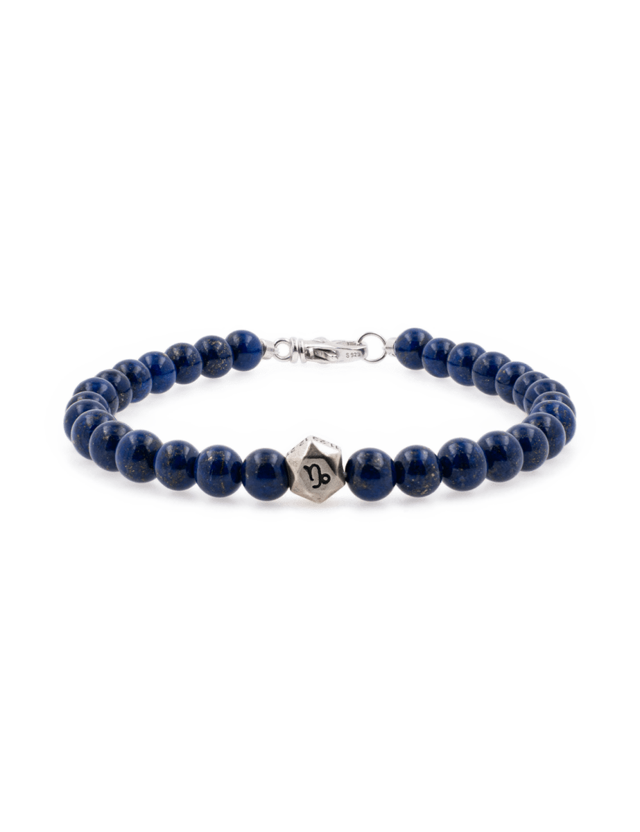 Lapis lazuli bracelet with sterling silver zodiac bead, handcrafted men's jewelry, 6mm bead size.