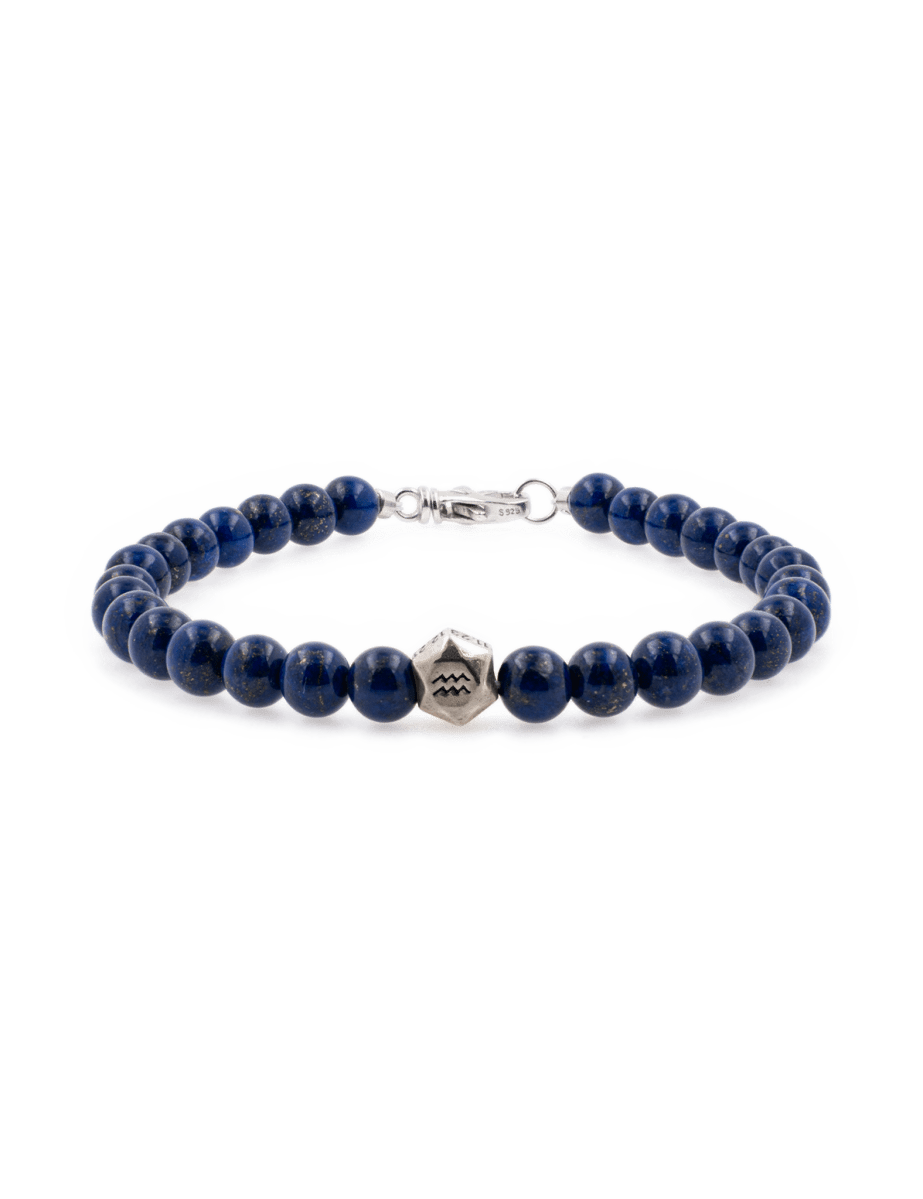 Lapis Lazuli bracelet with sterling silver zodiac spacer beads for men, featuring 6mm beads and handcrafted design.