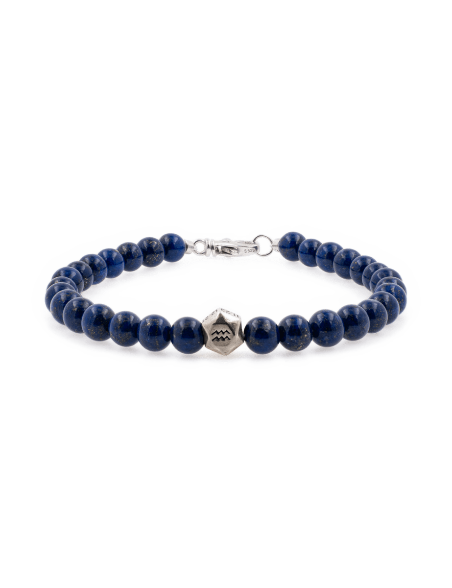 Lapis Lazuli bracelet with sterling silver zodiac spacer beads for men, featuring 6mm beads and handcrafted design.