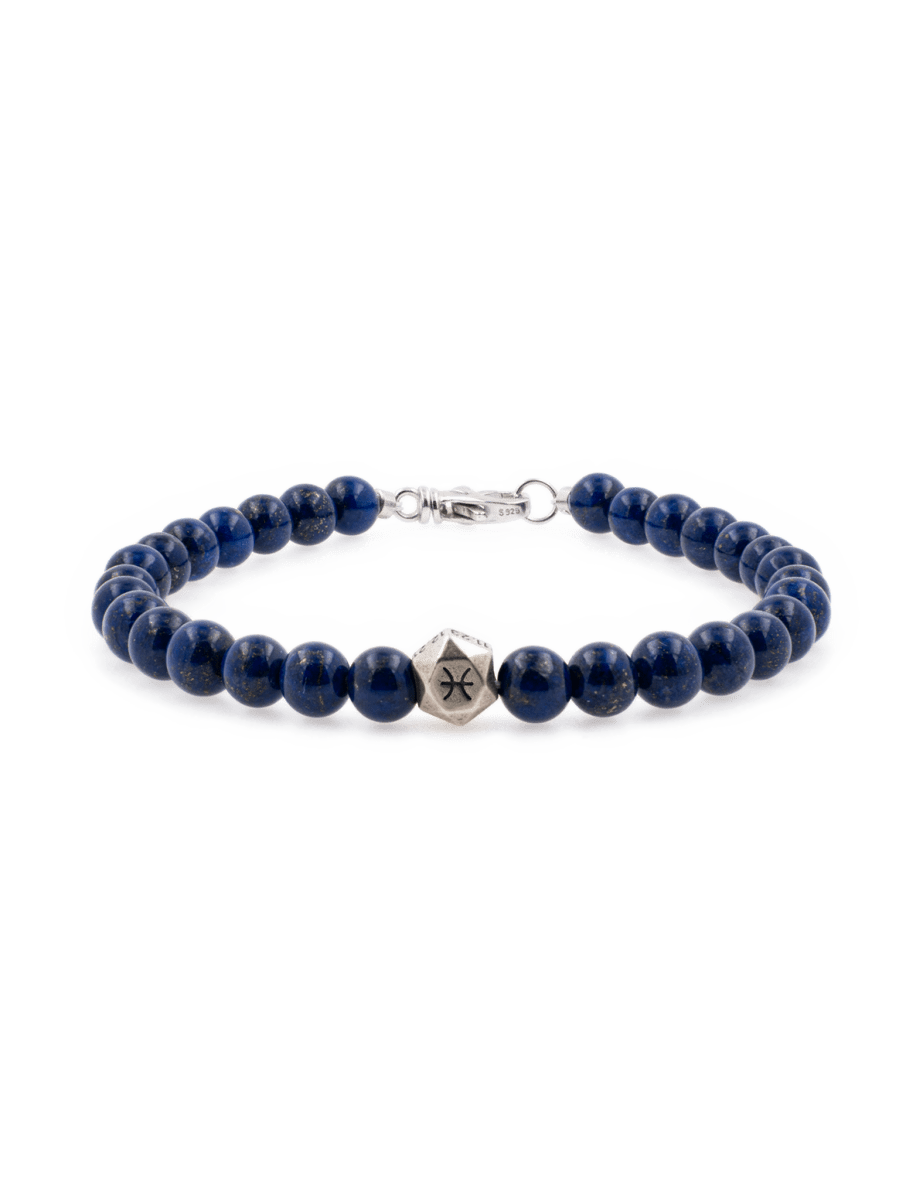 Lapis lazuli bracelet for men with sterling silver zodiac spacer beads, 6mm, showcasing deep blue hues and natural gold flecks.