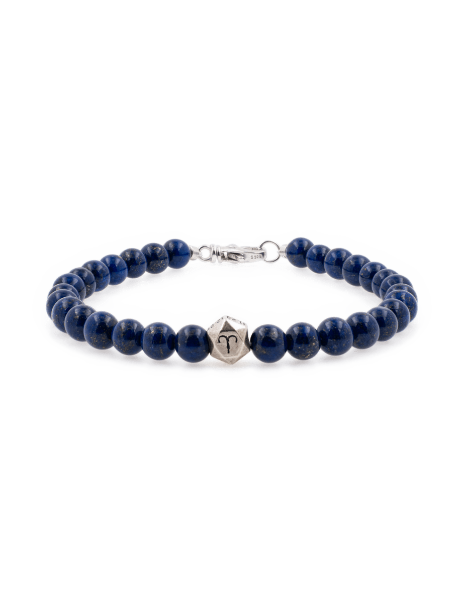 Lapis lazuli bracelet for men with sterling silver zodiac beads, 6mm handcrafted jewelry for wisdom and intuition.