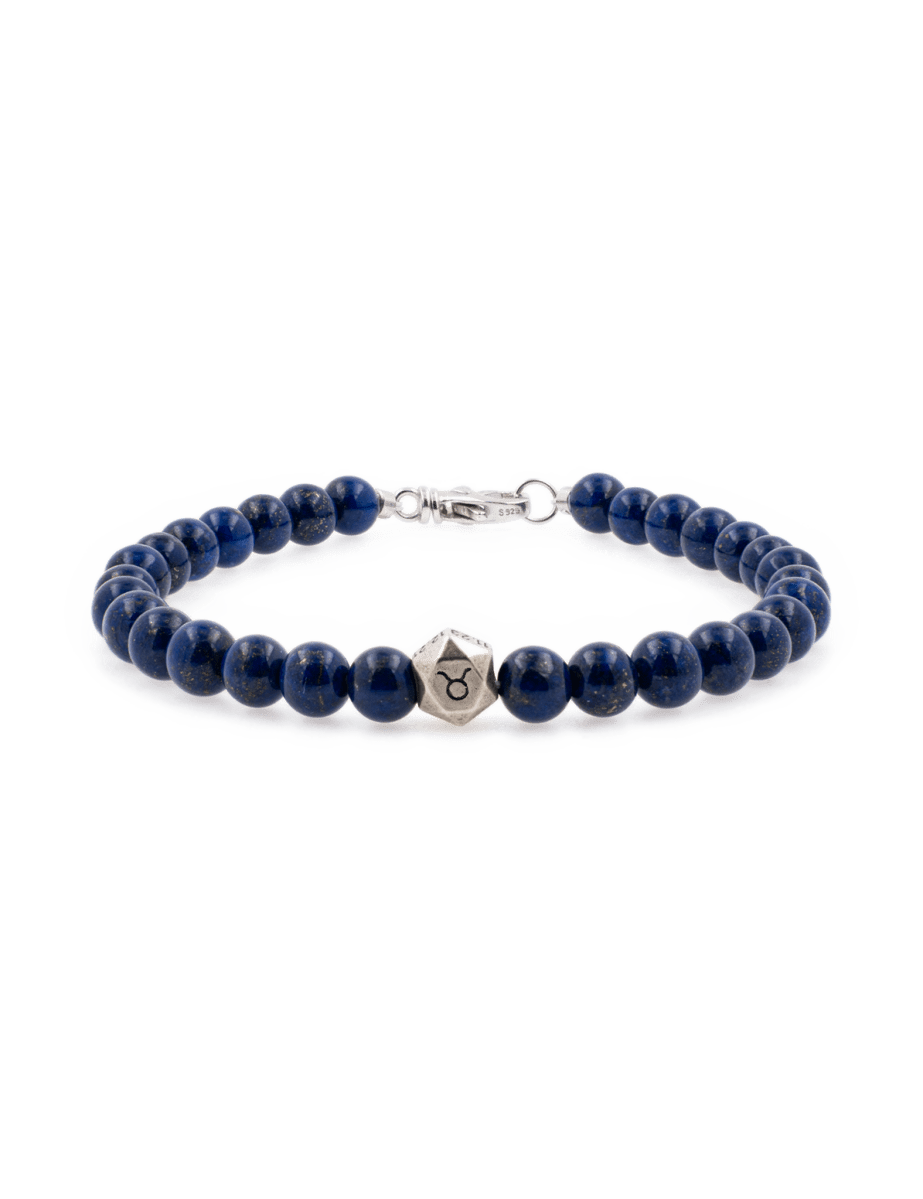 Lapis Lazuli bracelet with sterling silver zodiac spacer beads for men, featuring 6mm beads, handcrafted design.