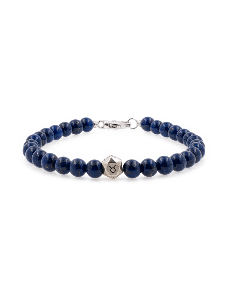 Lapis Lazuli bracelet with sterling silver zodiac spacer beads for men, featuring 6mm beads, handcrafted design.