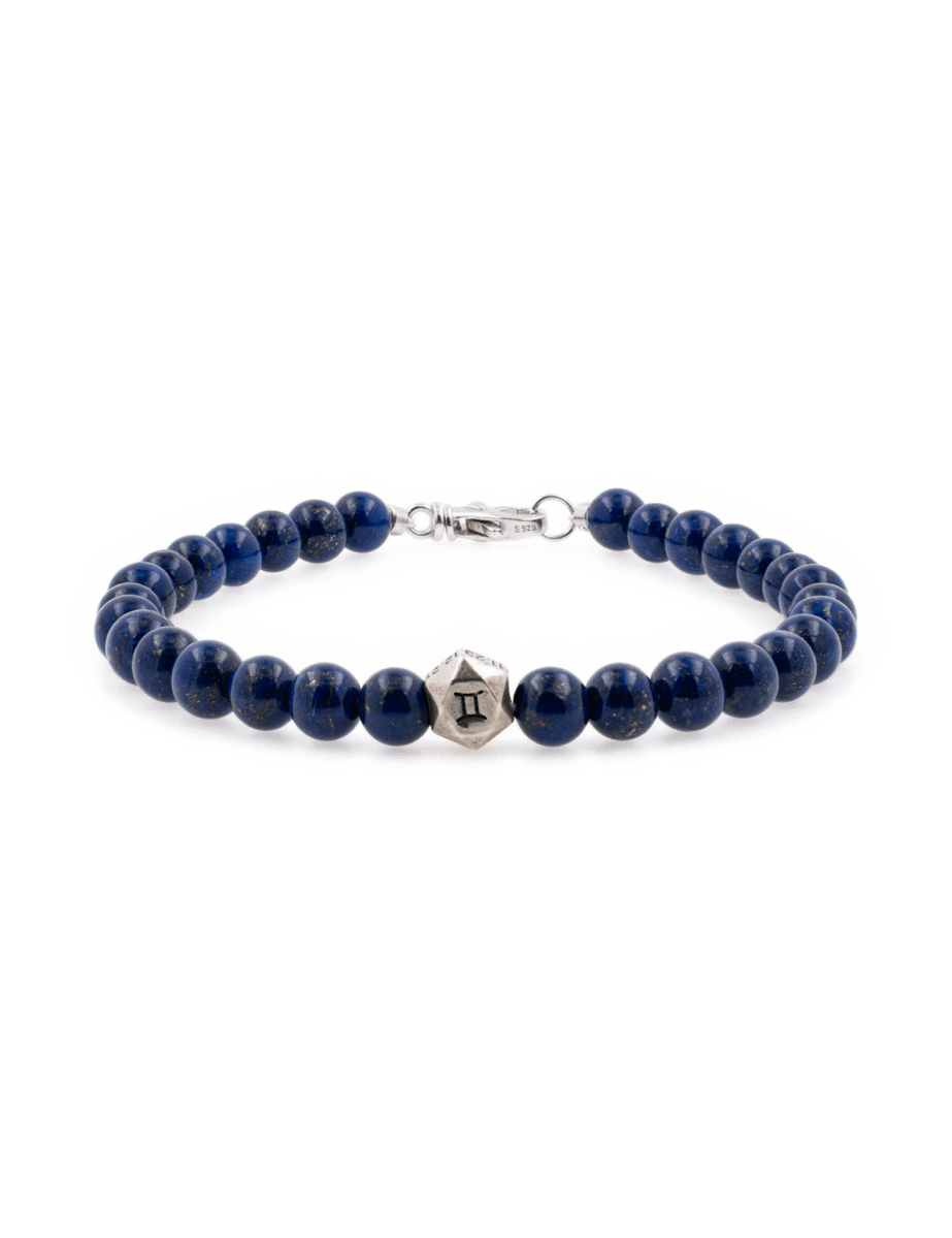 Lapis Lazuli bracelet for men with 6mm beads and sterling silver zodiac spacer, enhancing intuition and communication.