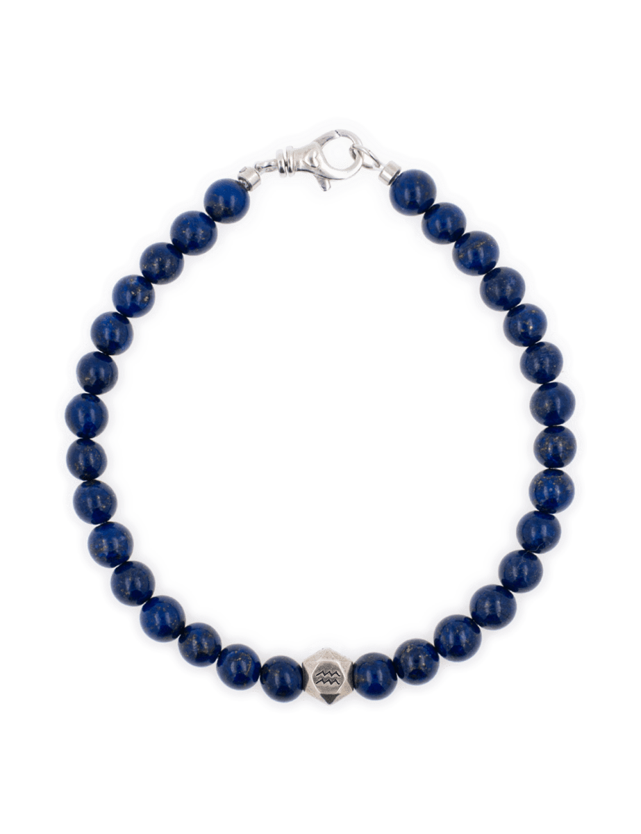 Lapis lazuli bracelet with sterling silver zodiac beads, featuring 6mm beads for men, handcrafted elegance.