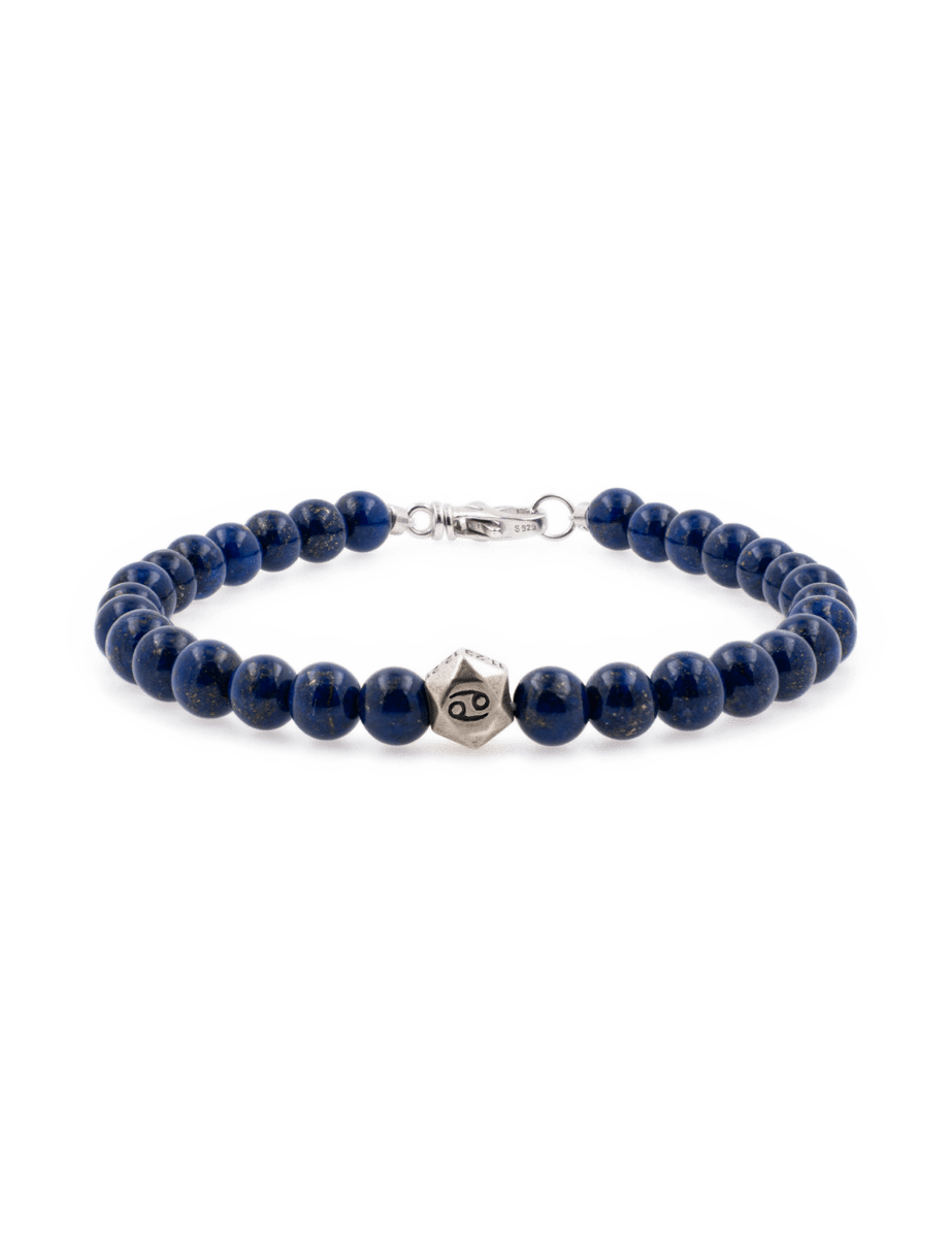 Lapis lazuli bracelet for men with 6mm beads and sterling silver zodiac spacer beads, handcrafted for wisdom and intuition.