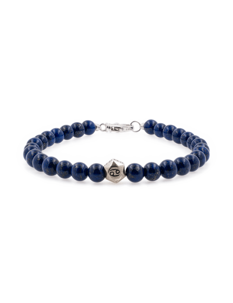 Lapis lazuli bracelet for men with 6mm beads and sterling silver zodiac spacer beads, handcrafted for wisdom and intuition.