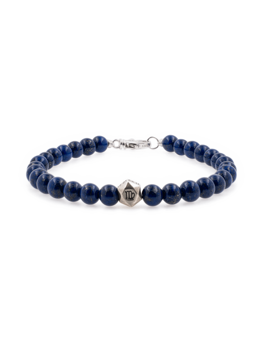 Lapis lazuli bracelet with sterling silver zodiac spacer beads for men, handcrafted 6mm bead size.