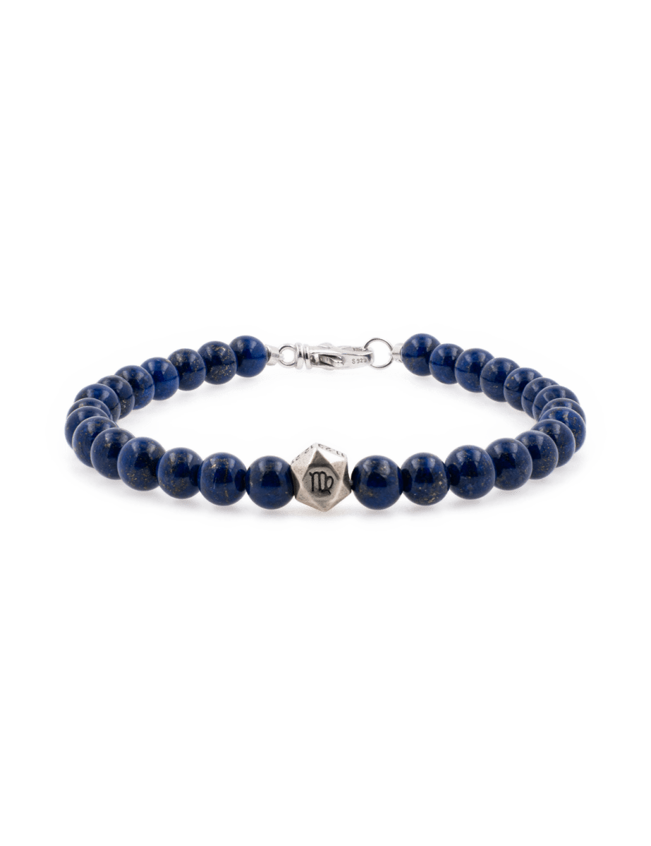 Lapis lazuli bracelet with sterling silver zodiac spacer beads for men, handcrafted 6mm bead size.