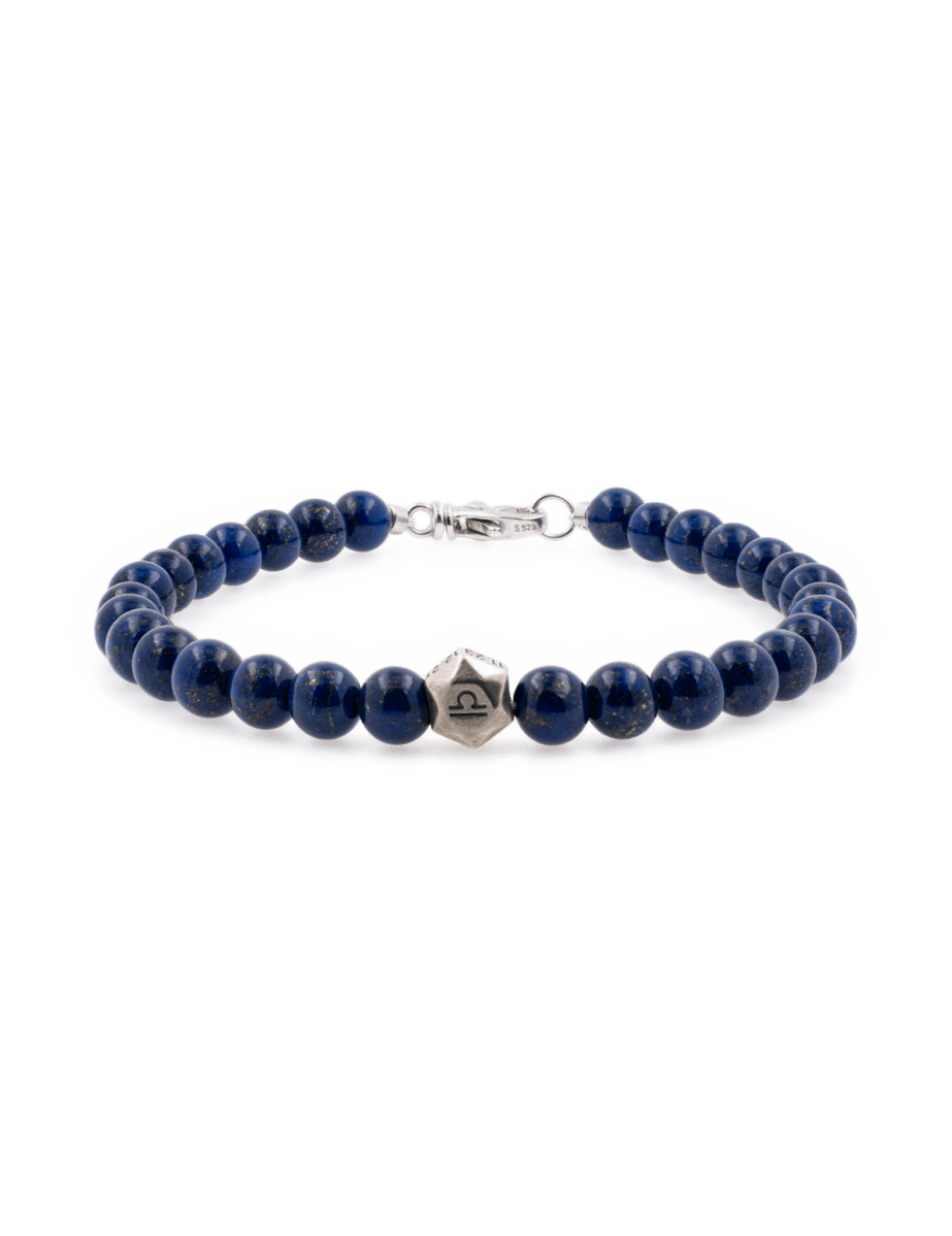 Lapis lazuli bracelet with sterling silver zodiac beads, featuring 6mm beads for men, enhancing intuition and communication.