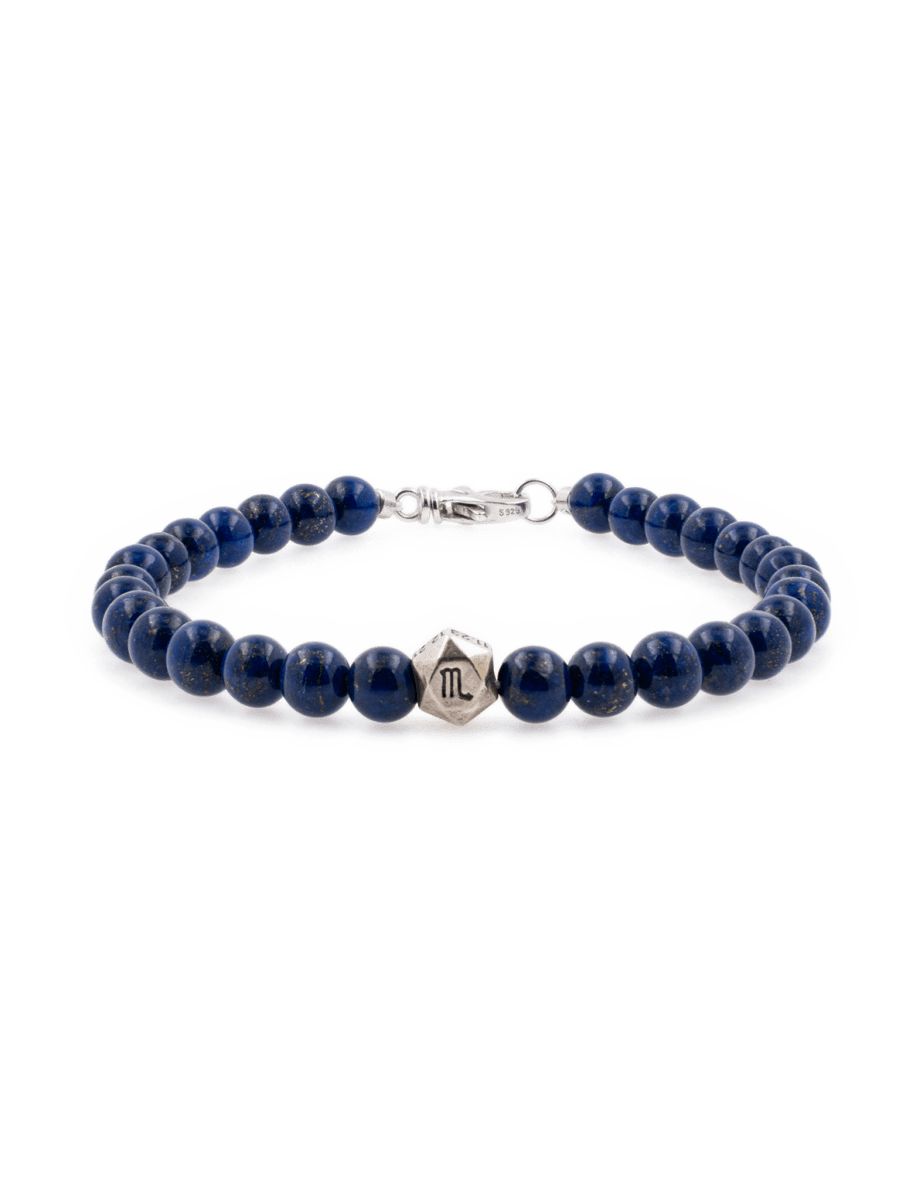 Lapis lazuli bracelet with sterling silver zodiac spacers for men, featuring 6mm beads for wisdom and intuition.