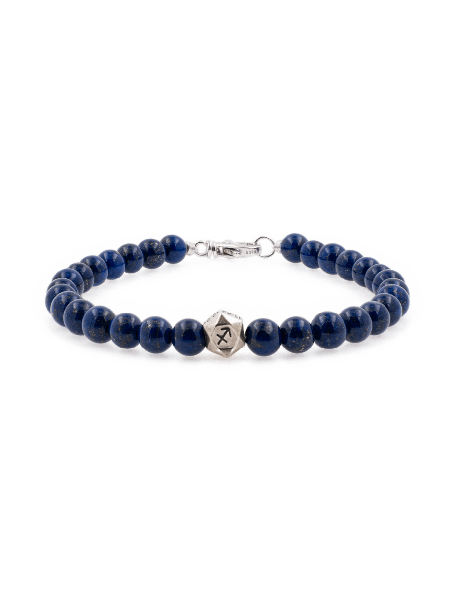 Lapis lazuli bracelet with sterling silver zodiac spacer beads, handcrafted, 6mm beads, symbolizing wisdom and intuition.