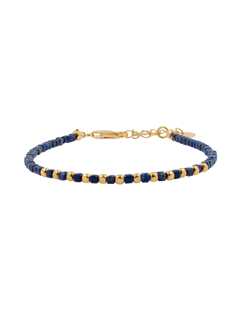 Lapis lazuli faceted dainty bracelet with gold-plated S925 beads, perfect for spiritual clarity and self-expression.