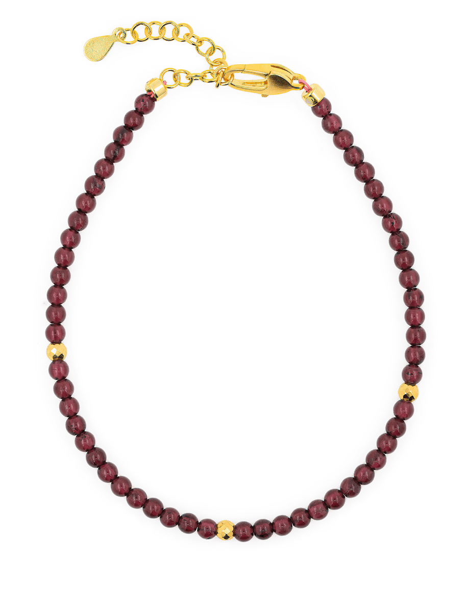 Love Garnet dainty bracelet featuring 3mm silver spacer beads and a gold clasp for elegance and durability.