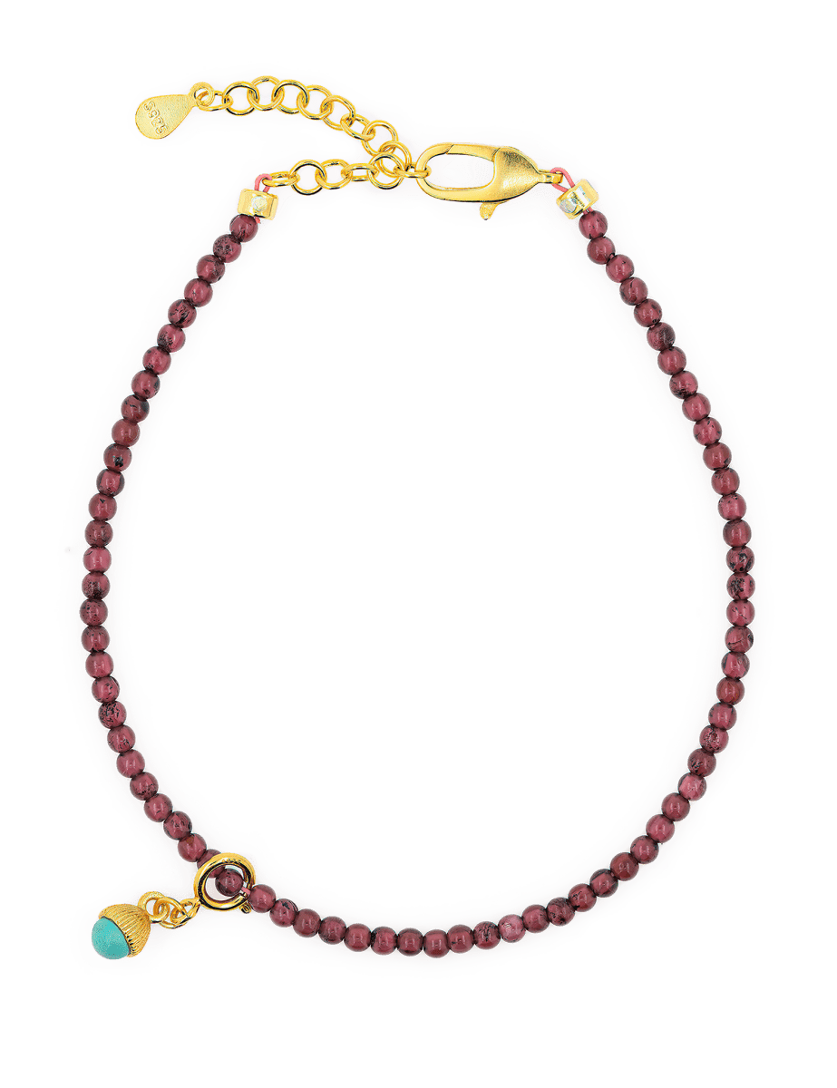 Love Garnet Dainty Bracelet with Turquoise Charm, featuring 925 sterling silver clasp and vibrant garnet beads.
