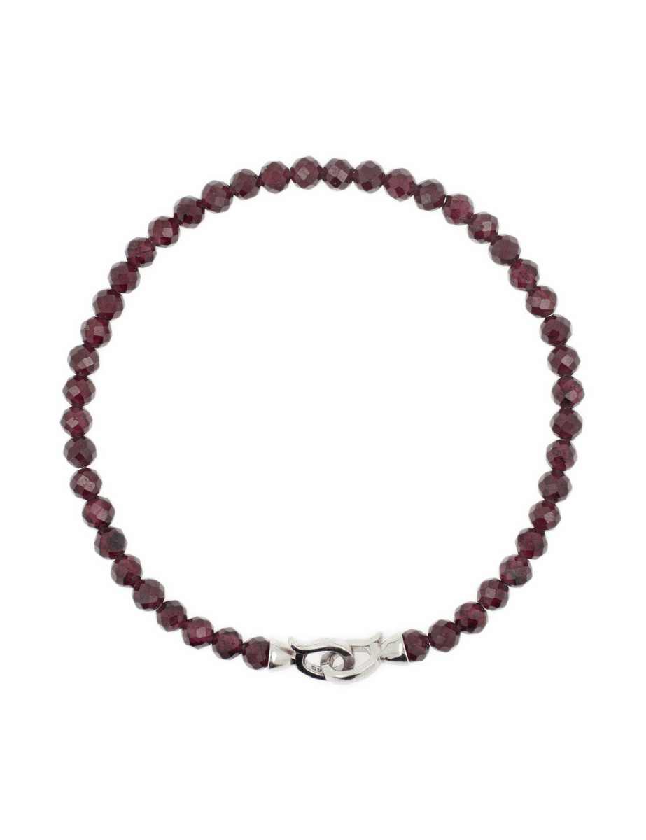 Love Garnet faceted bracelet for men, showcasing 4mm round garnet beads and a sterling silver clasp, symbolizing devotion.
