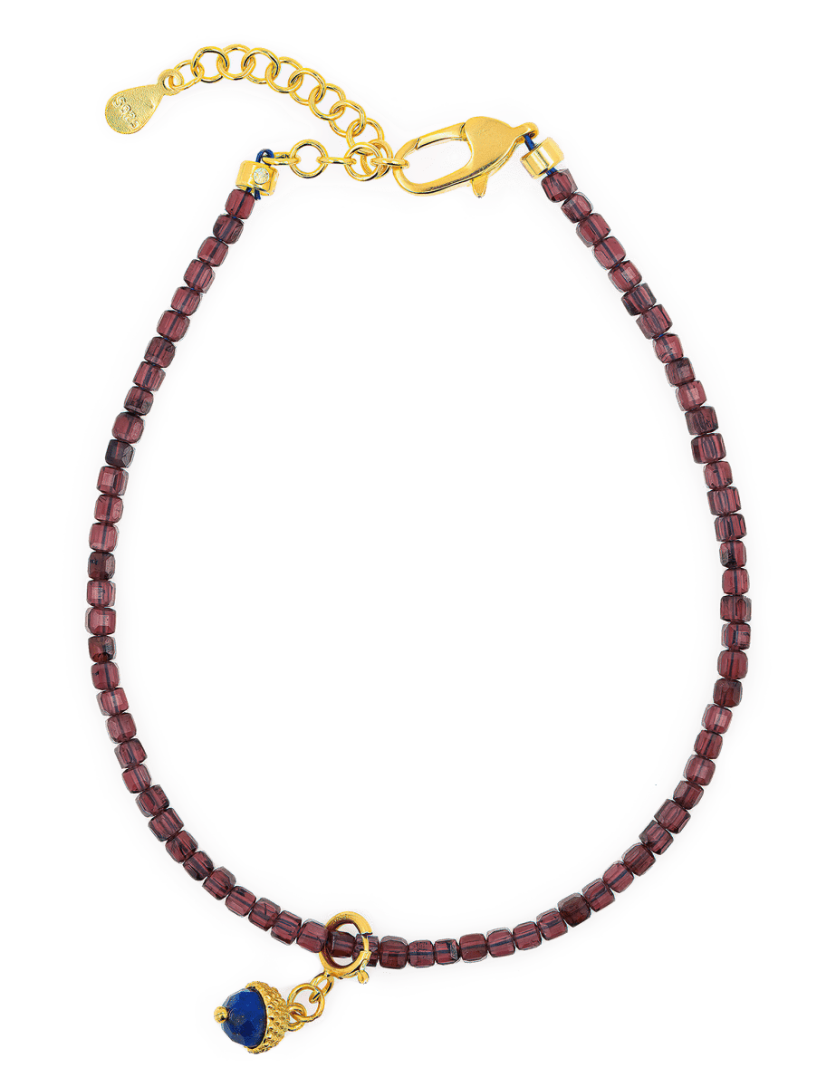 Love garnet dainty bracelet with lapis lazuli charm, 925 sterling silver clasp, 2x2mm beads.