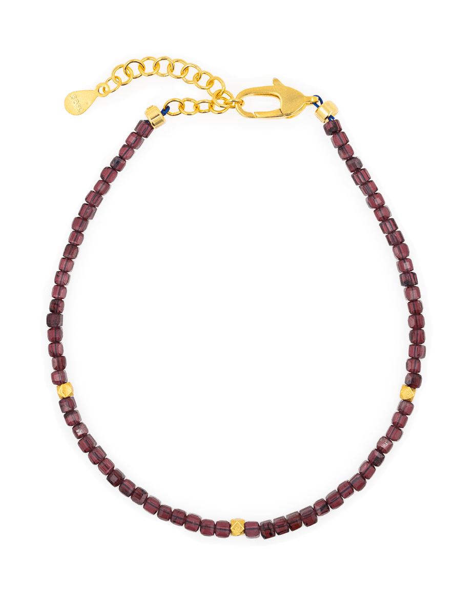 Love Garnet bracelet featuring faceted beads, silver spacer beads, and a durable clasp.