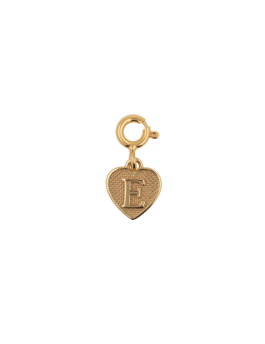 Gold heart charm pendant with letter 'E', perfect for personalized jewelry and meaningful gifts.