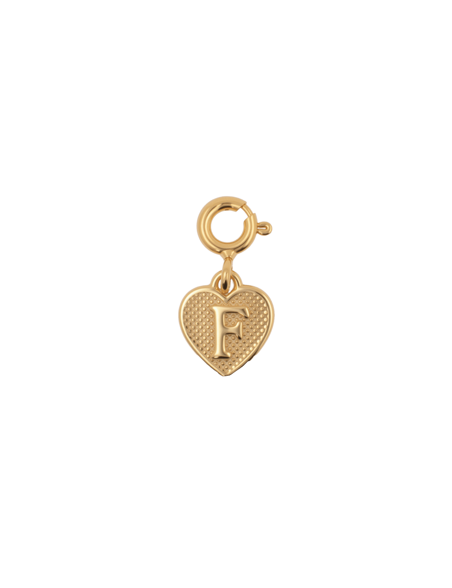 Gold heart charm with the letter 'F' for personalized jewelry and heartfelt connections.