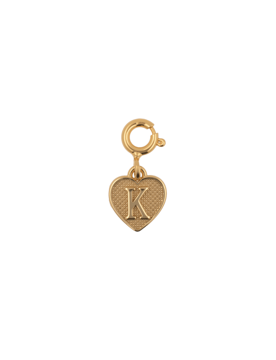 Gold heart charm with the letter K, perfect for personalizing jewelry with love and memories.