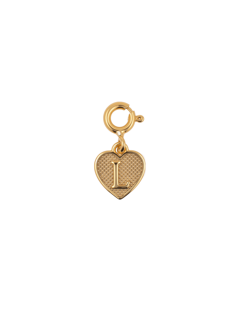 Gold heart charm pendant with letter 'L' for personalized jewelry and cherished memories.