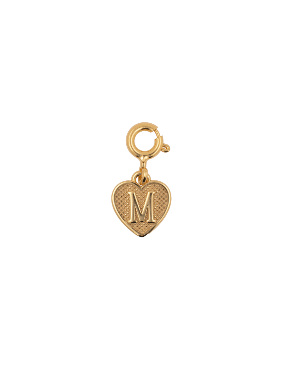 Gold heart charm featuring the letter 'M', symbolizing love and personal connection in elegant jewelry.