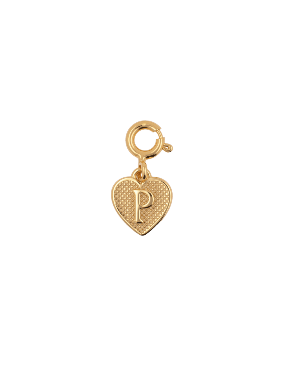 Gold heart charm with letter P, symbolizing love and cherished memories in elegant jewelry.