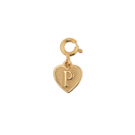Gold heart charm with letter P, symbolizing love and cherished memories in elegant jewelry.