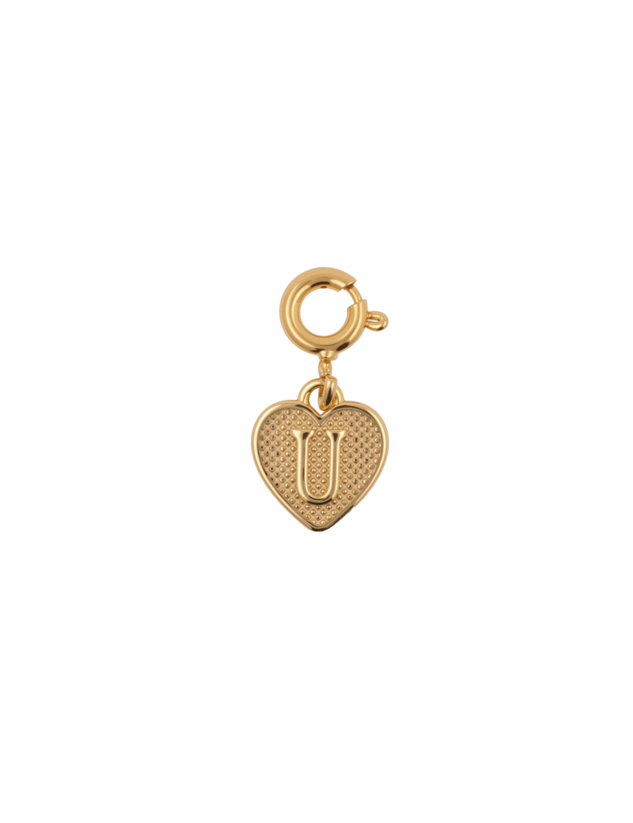 Gold heart charm with a letter 'U' symbolizing love and connections, perfect for personalizing jewelry.