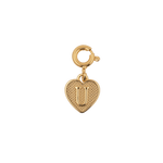 Gold heart charm with a letter 'U' symbolizing love and connections, perfect for personalizing jewelry.